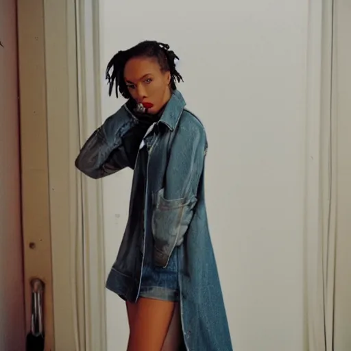 Image similar to realistic! photoshoot for a new vetements lookbook, color film photography, portrait of a beautiful woman, location in a apartment, in style of tyler mitchell, 35mm