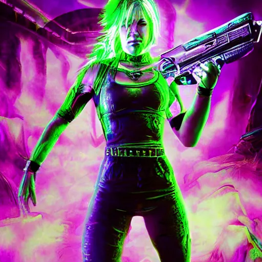 Prompt: Long Shot of psychodelic Sonya Blade in mysterious astral temple jumpin with pistol in river of chromatic SPIRITS , beautiful, dmt, trending on artstation, omnious, soft, hypermaximalistic, high details, cinematic, 8k resolution, artwork by Wong, Liam