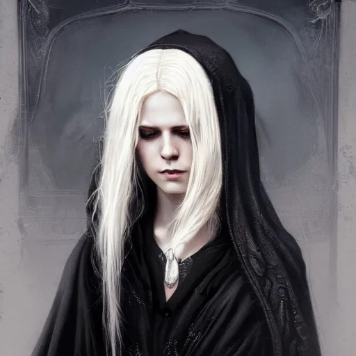 Image similar to portrait of a gorgeous young scottish vampire woman with platinum blonde hair wearing tattered black robes, HD, D&D 4k, 8k, incredibly detailed, intricate, masterpiece, digital illustration by greg rutkowski and tom bagshaw, trending on artstation, character design, concept art