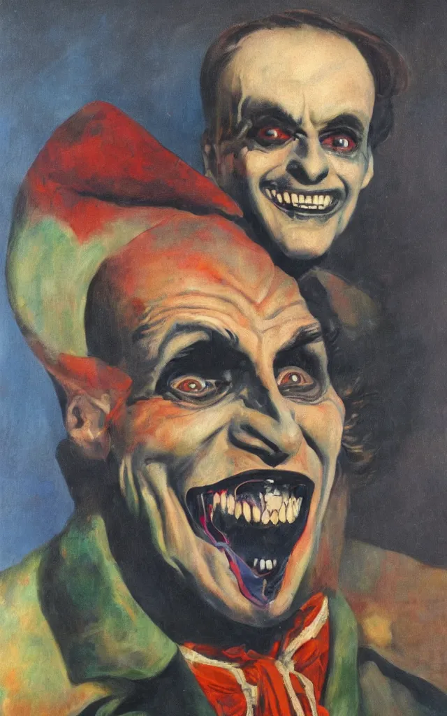 Image similar to portrait of conrad veidt the man who laughs freakish grin, award winning oil painting, sharp color palette