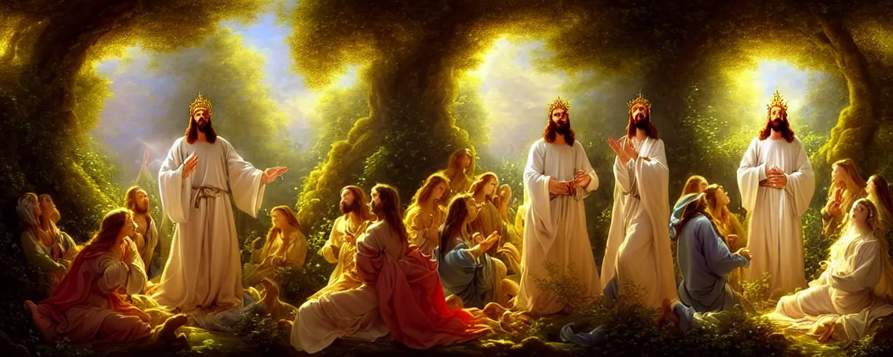 Prompt: A fantasy fairytale story style portrait painting, King Jesus Christ with a crown on his head, surrounded by people and angels in white robes, intense smoldering, soul penetrating invasive eyes. Fantasy atmospheric lighting, digital painting, hyperrealistic, François Boucher, Oil Painting, Cozy, natural light, lush plants and flowers, visually crisp & clear, Volumetric Golden dappled dynamic lighting, Regal, Refined, elegant, bright clouds, luminous stellar sky, outer worlds, cognitive Coherence cohesion character illustration, photorealistic, Vivarium, Theophanic atmosphere, michael whelan, William-Adolphe Bouguereau, Michael Cheval, Crisp hd resolution, Digital Art, hyperdetailed, artstation, cgsociety, Highly Detailed, Cinematic Lighting, HD resolution, unreal 5, DAZ, hyperreality, octane render, Unreal Engine