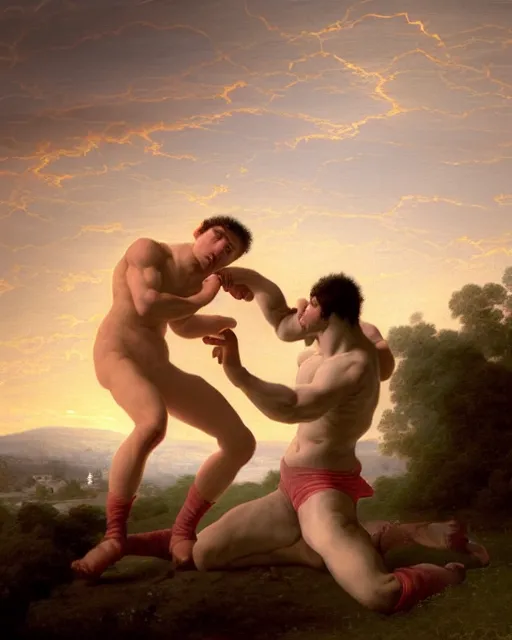 Prompt: two wrestlers fighting on a hill at sunset, style of François Boucher, unreal 5, DAZ, hyperrealistic, octane render, Regal, Refined, Detailed Digital Art, RPG portrait, William-Adolphe Bouguereau, Michael Cheval, dynamic lighting, Highly Detailed, Cinematic Lighting, Unreal Engine, 8k, HD