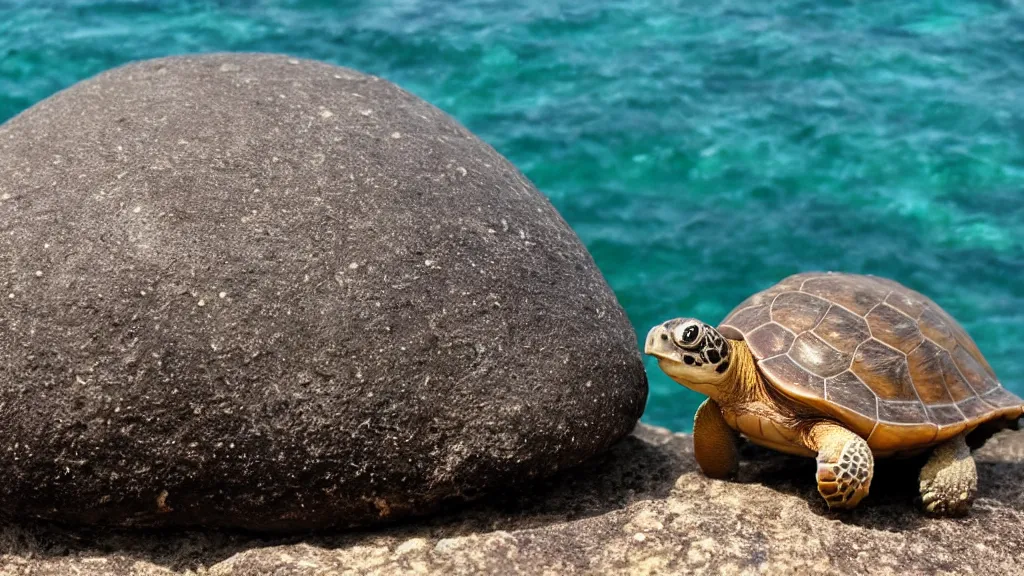 Image similar to a turtle on a rock looking at the sea, macro 8mm photo, the camera is behind the turtle