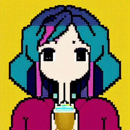 Prompt: colorful anime girl with big eyes eating ice cream pixel art