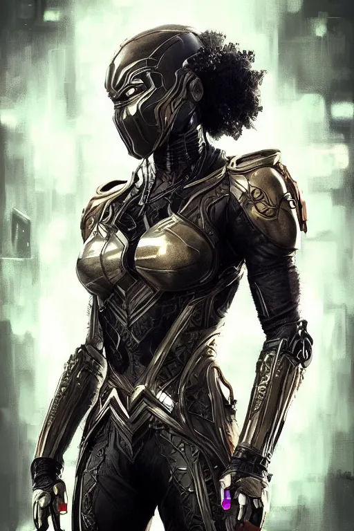 Image similar to art by artgerm, ultra realistic illustration, wakandan warrior in a steampunk style armor, hacknaut cyberpunk, sci - fi, fantasy, intricate, elegant, highly detailed, digital painting, artstation, concept art, smooth, sharp focus, illustration.