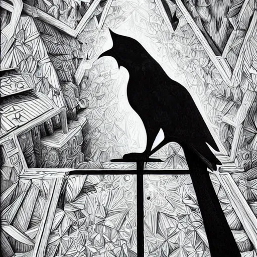 Image similar to a simple crow-like cat painting by Android Jones and M. C. Escher collaboration, futurist, digital art, dramatic lighting