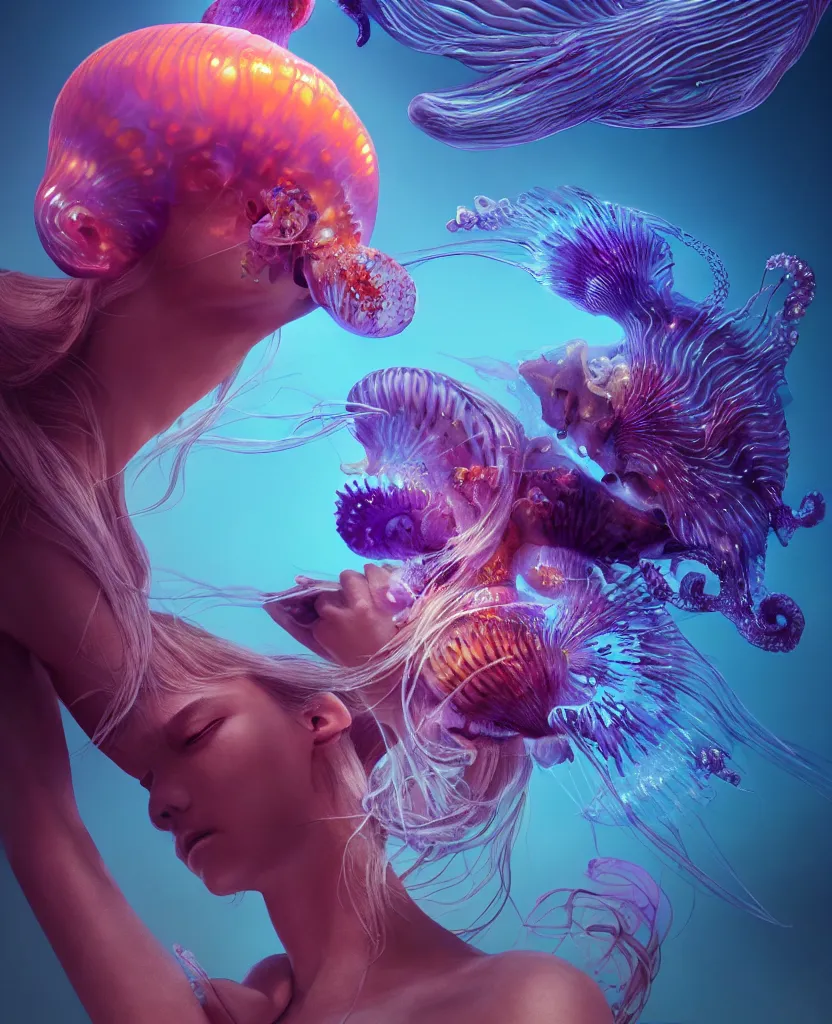 Image similar to goddess close-up portrait ribcagel. jellyfish phoenix head, nautilus, orchid, skull, betta fish, bioluminiscent creatures, intricate artwork by Tooth Wu and wlop and beeple. octane render, trending on artstation, greg rutkowski very coherent symmetrical artwork. cinematic, hyper realism, high detail, octane render, 8k