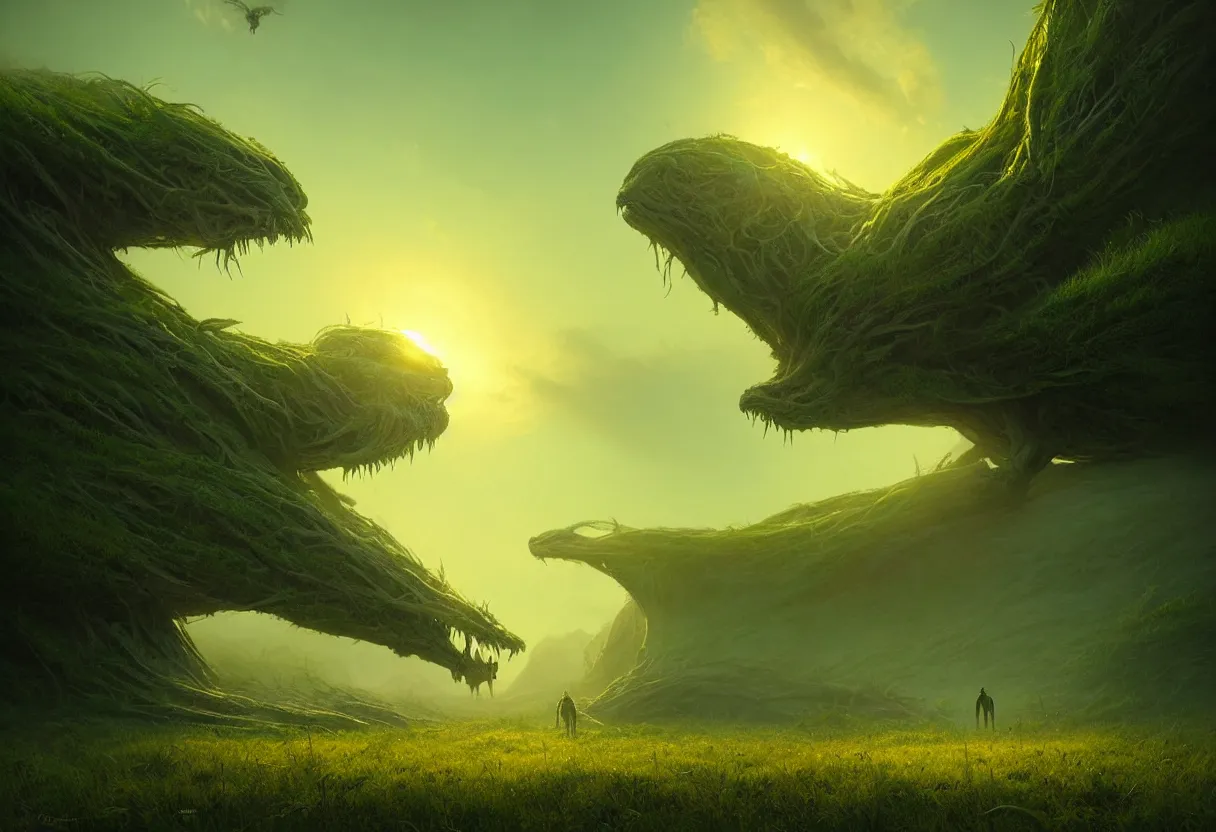 Image similar to strange creature emerging from surface of green summer planet at sunset, ultra high definition, ultra detailed, symmetry, fog, matte painting, by greg rutkowski and ross tran and wlop