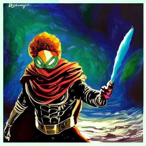Image similar to Mysterio holding brush, artwork by Bob Ross,