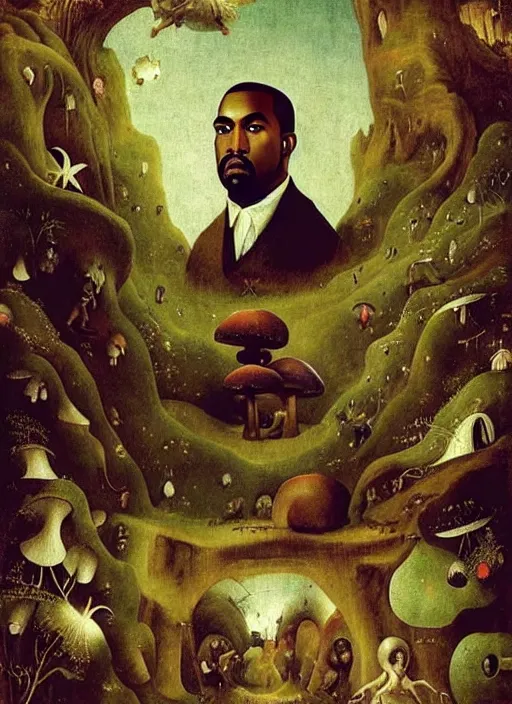 Image similar to portrait of kanye west stars in the sky fairies with detailed faces enchanted forest mushrooms on the ground psychedelic wide angle shot white background vector art illustration gears of war by hieronymus bosch and frank frazetta