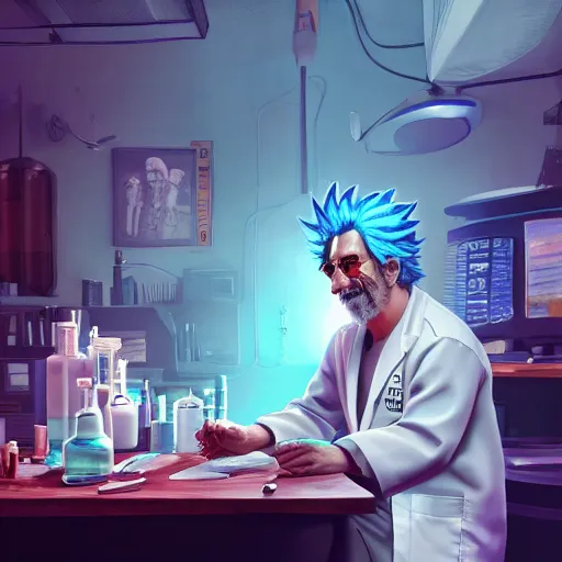 Prompt: portrait of rick sanchez, lab coat and tee shirt, atmosphere, glow, detailed, intricate, full of colour, cinematic lighting, trending on artstation, 4 k, hyperrealistic, focused, extreme details, unreal engine 5, cinematic, masterpiece