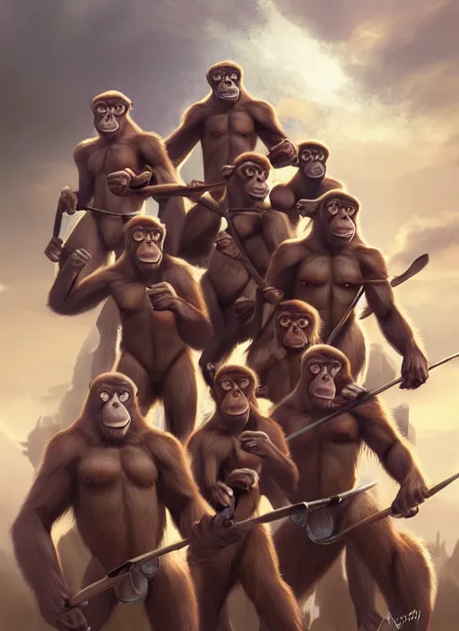 Prompt: of group of ape kids in costumes getting ready for battle against the heavens, perfect face anatomy, establishing cinematic movie scene of a cinematic scene, intricate, elegant, highly detailed, artstation, art by artgerm, anime, stylish, concept art, smooth, sharp focus, wlop
