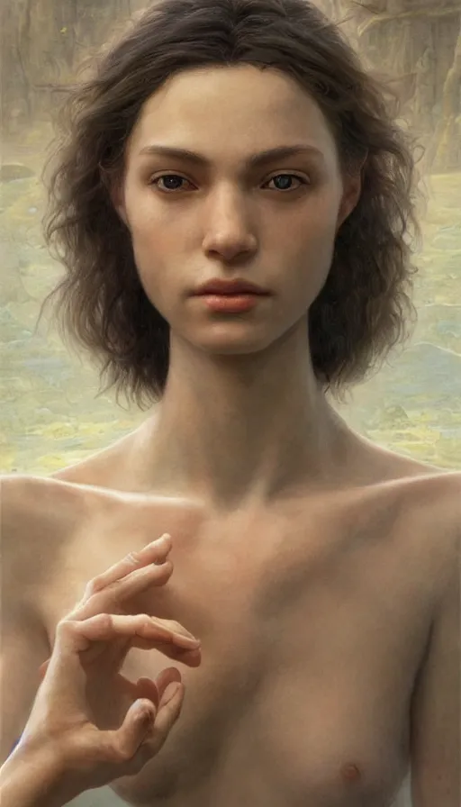 Image similar to epic masterpiece mila jovovic, sweaty skin, hyperrealistic, octane render, cinematic, beautiful face and flawless skin, perfect hands, 5 fingers, by Edgar Maxence and Ross Tran and Michael Whelan, Legends of Runeterra