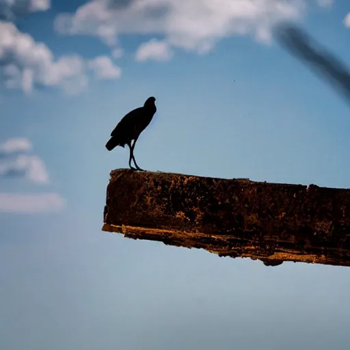 Image similar to Cinematic reverse aerial angle telephoto f2.8 iso 640 over the shoulder of a battle-worn survivor looking over a mid 1800s coal-mining town in the sweltering desert heat, crows in the sky. Photorealistic, award winning, ultra high resolution, intricate details, UHD 8K