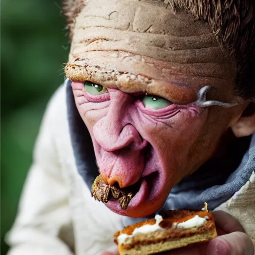 Image similar to closeup portrait of a medieval goblin eating cakes in the cloisters, depth of field, bokeh, zeiss lens, detailed, symmetrical, centered, fashion photoshoot, by annie leibovitz and steve mccurry, david lazar, jimmy nelsson, breathtaking, 8 k resolution, extremely detailed, beautiful, establishing shot, artistic, hyperrealistic, beautiful face, octane render