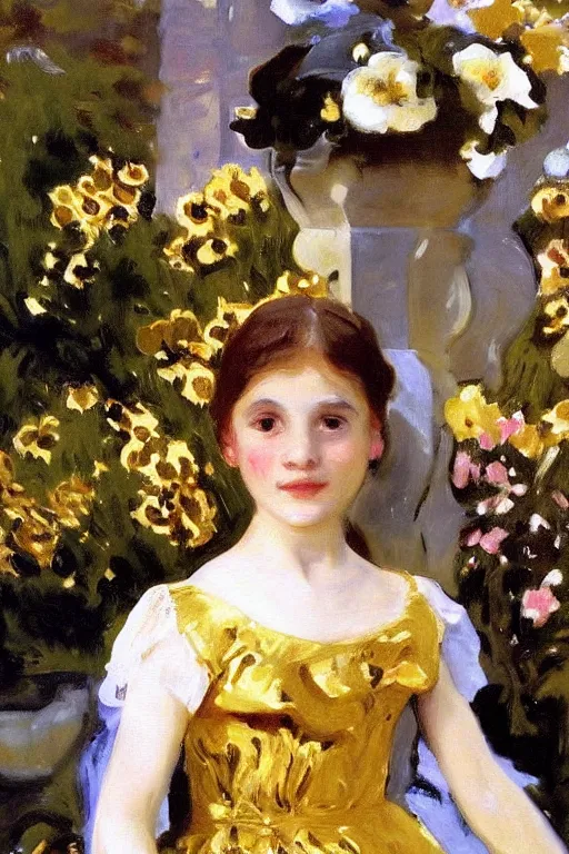 Image similar to girl waer detailed golden arabesque dress with a lot of narcissus in persian pot, painting by john singer sargent