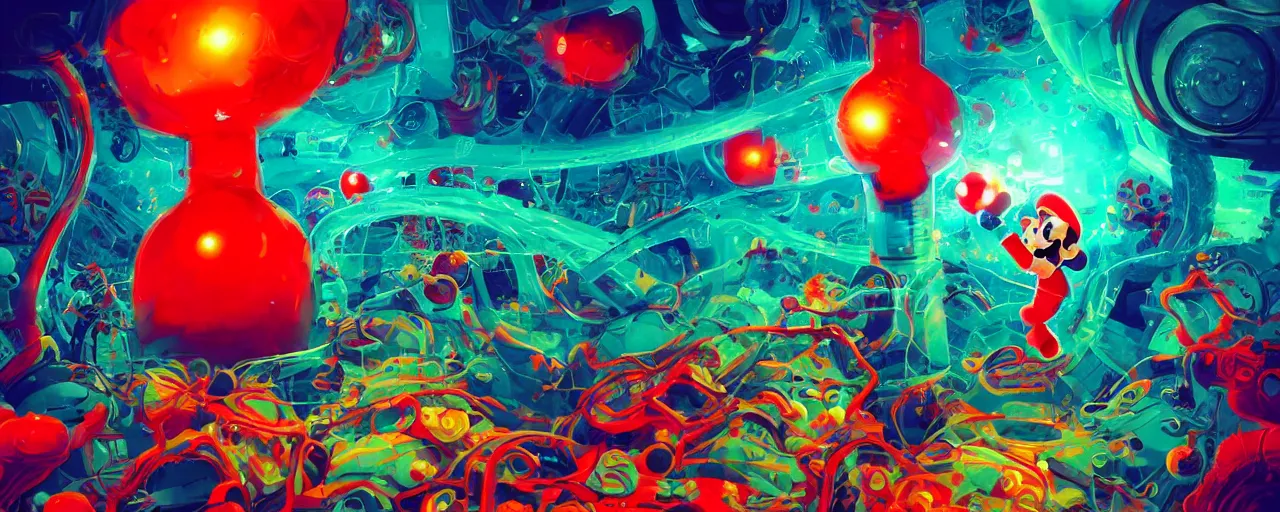 Prompt: red blue green illustration super mario as real human having psychedelic acid trip on lsd sglichy hypnotic fractals spirals with chemical molecules structures. lava lamp shapes by sachin teng and sergey kolesov and ruan jia and heng z. graffiti art, scifi, fantasy, hyper detailed. octane render. concept art. trending on artstation