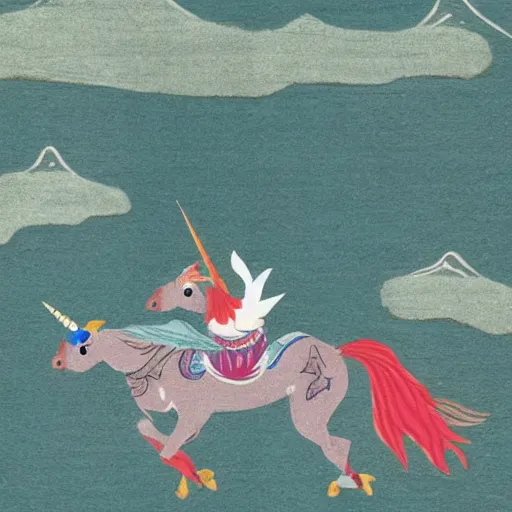 Prompt: bird riding a unicorn in the rocky mountains, japanese animals style