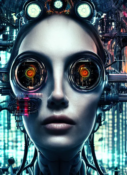 Image similar to 35mm portrait of a sophisticated intricate terminator woman's head on the background of a weird magical mechanical forest. Round gears visible inside her hear. Very detailed 8k. Fantasy cyberpunk horror. Sharp.