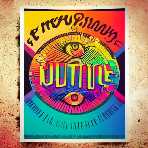Prompt: colorful psychedelic poster, graphic design, bold lettering, layout, typography