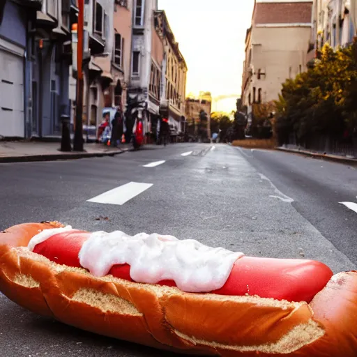 Image similar to giant hotdog laying in the street