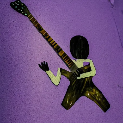 Image similar to dripping purple faded paint across the shape of a human playing guitar, realistic, extremely detailed, coming out of the building