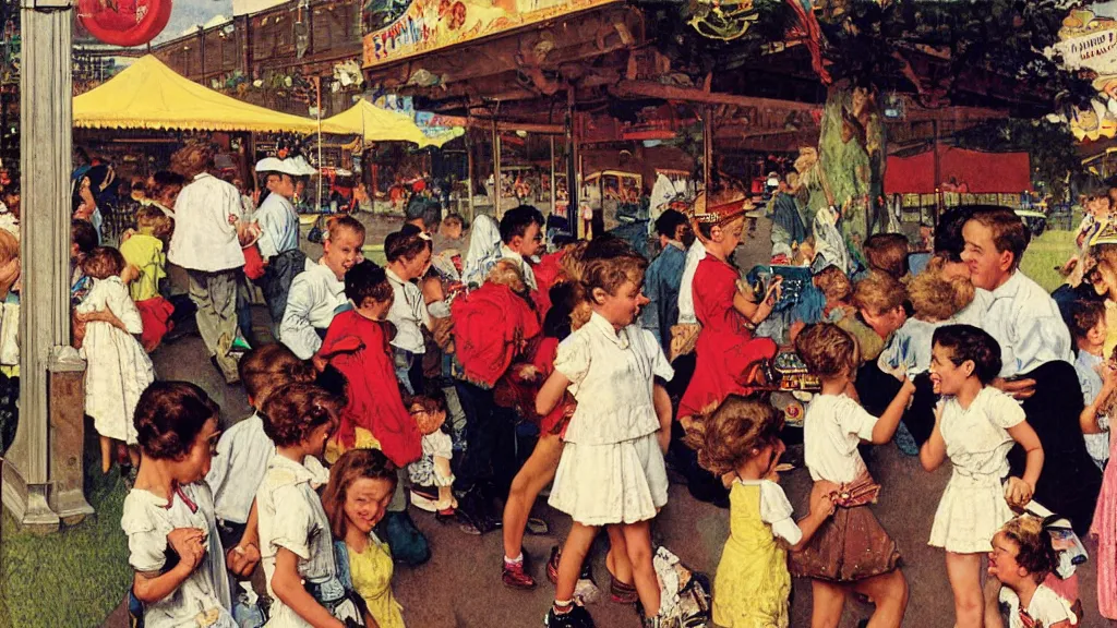 Prompt: kids wandering through a carnival, all ignoring the rides and playing on their phones instead, by Norman Rockwell