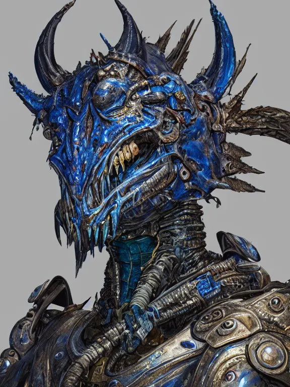 Prompt: portrait art of 8k ultra realistic blue Dragonborn, detailed intricate ornate armour,decaying, cybernetic, full of colour, cinematic lighting, battered, trending on artstation, 4k, hyperrealistic, focused, extreme details,unreal engine 5, cinematic, masterpiece, art by ayami kojima, giger