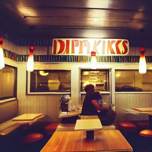 Prompt: inside of a diner serving hot pancakes with alien waiters, cozy lighting, late night, photo