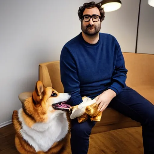 Image similar to slim Eric Wareheim with a corgi in an office, hyperrealistic, RPG portrait, ambient light, dynamic lighting, golden hour