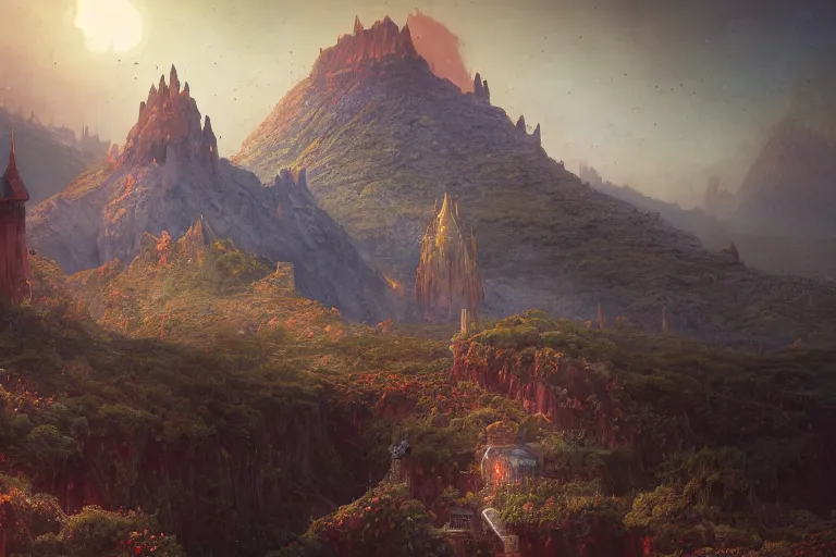 Image similar to single small fantasy castle in foreground, highly detailed, barren landscap, volcanoe in background, lavaflows in the foreground, illustrated by Greg Rutkowski and Gaston Bussiere, 35mm lens, beautiful macro close-up imagery, lush lighting, beautiful volumetric-lighting-style atmosphere