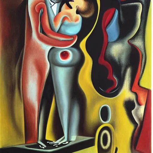 Image similar to Oil painting by Roberto Matta. Two mechanical gods kissing. Portrait by Marlene Dumas. Dali.