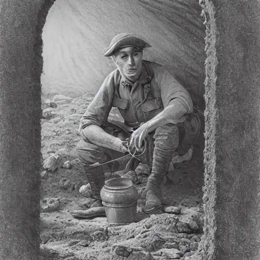 Image similar to a detailed photorealistic sepia - toned color portrait painting of a 1 9 1 7 worried clean - shaven british lieutenant in field gear in north arabia examining an ancient cylindrical clay jar, ultra realistic, intricate details, atmospheric, dark, horror, brooding, highly detailed, by clyde caldwell