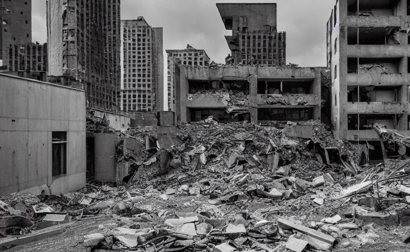 Prompt: a brutalist city, buildings with crumbling concrete and rubble strewn across the streets - H 1000