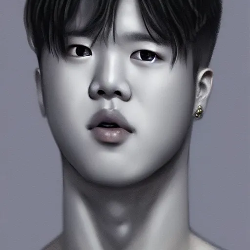 Prompt: wide angle full body portrait of Park Jimin of BTS, with a perfect face and perfect body, thin waist, plump lips, intricate, single face, wearing greek Palla, ethereal, men fall for him, short blonde hair, blue eyes, hunter eyes, highly detailed, digital painting, artstation, concept art, smooth, sharp focus, illustration, Unreal Engine 5, 8K, art by artgerm and greg rutkowski and alphonse mucha
