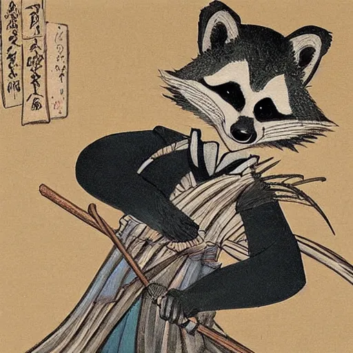 Prompt: A raccoon wearing formal clothes, wearing a tophap and holding a cane. The raccoon is holding a garbage bag. Oil painting in the style of Hokusai