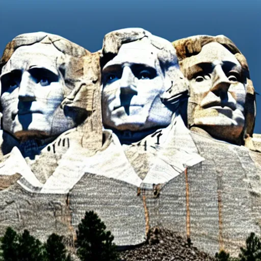 Prompt: a photo of mount rushmore after donald trump's face had been added. the photo clearly depicts the facial features of donald trump and his particular hair style carved into the stone at the mountain top, centered, balances, regal, pensive, powerful, just