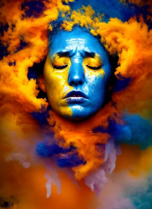 Image similar to full shot of a crying!!!! woman!!, covered in yellow and blue clouds, fiery, hurtful, shamanistic, cloudcore, by kim keever