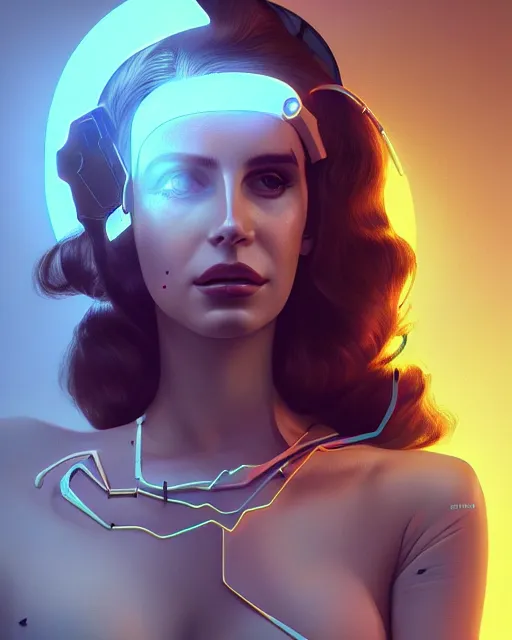 Image similar to portrait of lana del rey as a cyborg. intricate abstract. intricate artwork. by tooth wu, wlop, beeple, dan mumford. octane render, trending on artstation, greg rutkowski very coherent symmetrical artwork. cinematic, hyper realism, high detail, octane render, 8 k, iridescent accents