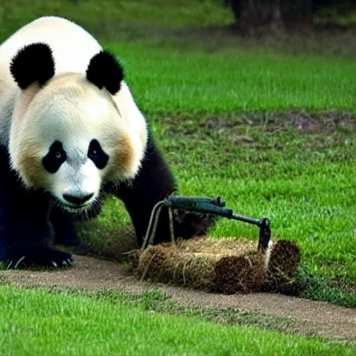 Image similar to a panda mowing his lawn