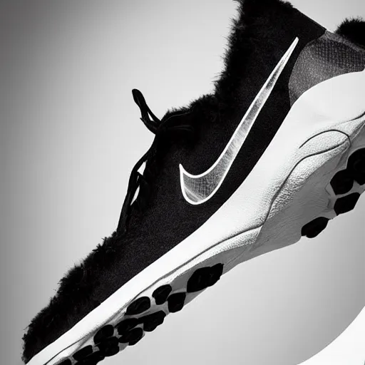 Image similar to nike shoe made of very organic structure fluffy black and white faux fur placed on reflective surface, professional advertising, overhead lighting, heavy detail, realistic by nate vanhook, mark miner