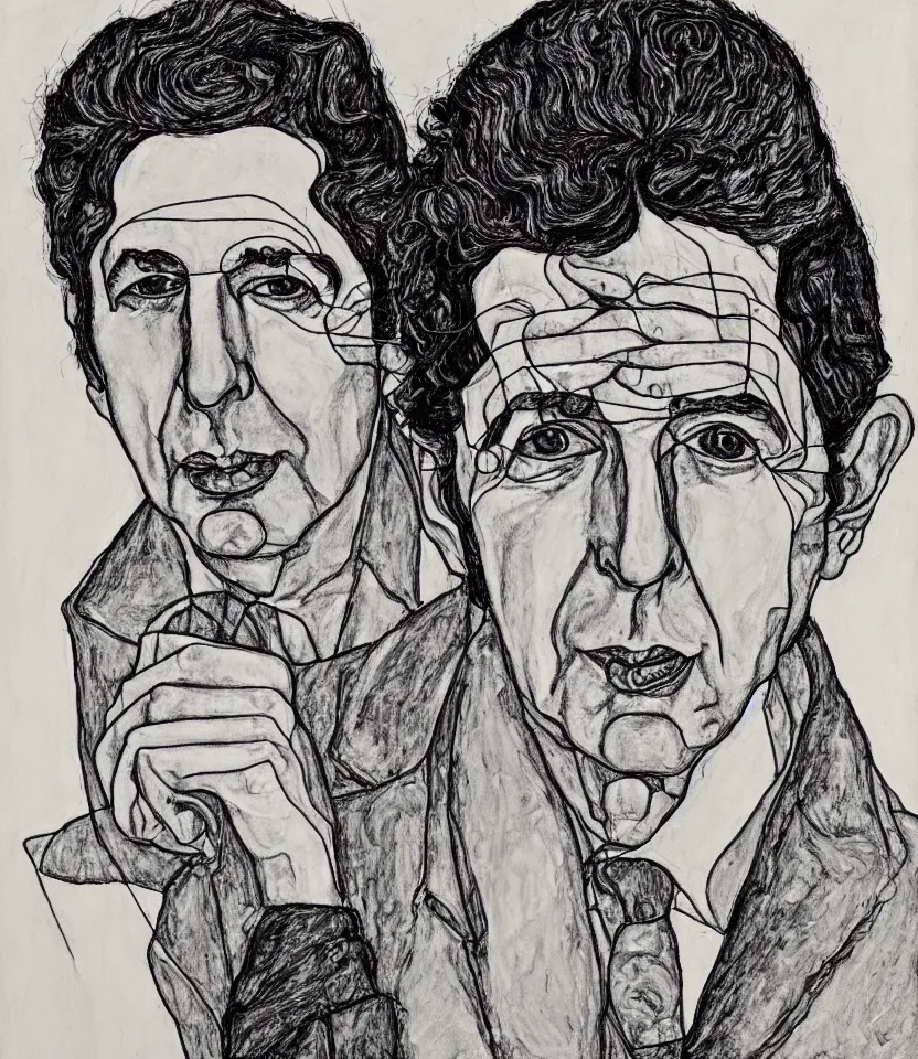 Prompt: line art portrait of leonard cohen inspired by egon schiele. contour lines, twirls and curves, musicality