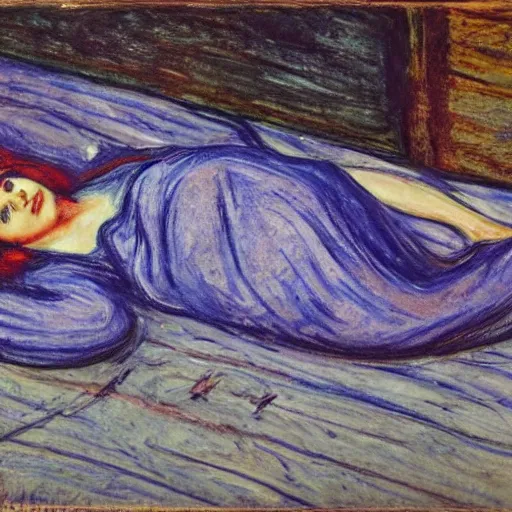 Image similar to subdued aerial view by edvard munch. a street art of a woman reclining on a bed.