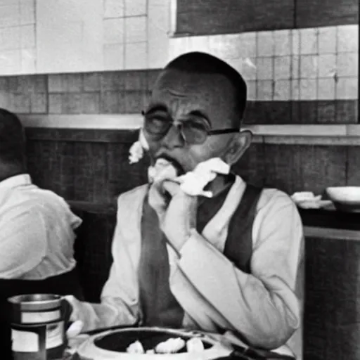 Prompt: Ghandi Chowing down on a feast in mcdonalds