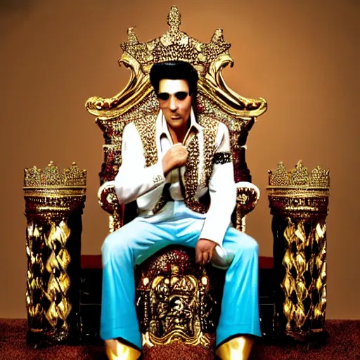 Prompt: elvis as king of the world, sitting on his throne in his castle