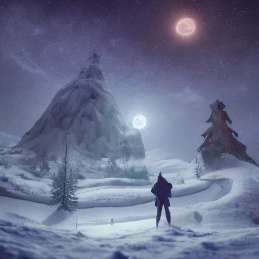 Image similar to an astral man on a snowy biome at night, starry, fantasy, hyper realism, behance, artstation, unreal engine 5, octane, deviantart