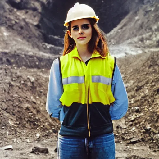 Image similar to photo, close up, emma watson in a hi vis vest, inside coal mine, portrait, kodak gold 2 0 0,