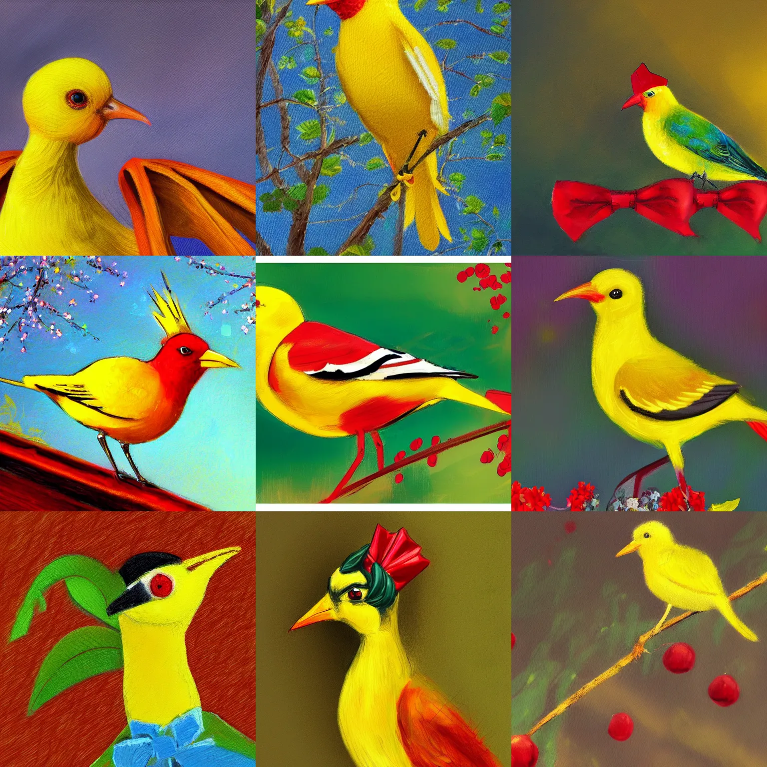 Prompt: an elegant yellow bird wearing a crown and a red bow tie in the style of shinji aramaki, very very beautiful, impressionism, high quality, detailed, 4k