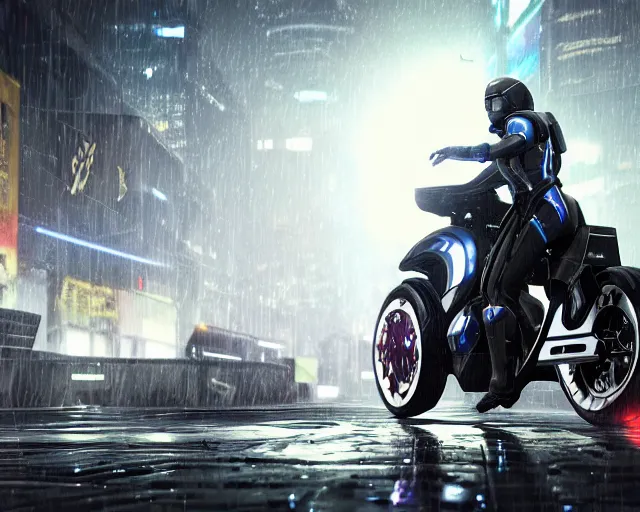 Prompt: off angle beautiful Product shot film still of a halo Mass effect futuristic modern electric tron motorcycle on a wet street at night in cyperpunk city, hard surface modeling, blade runner, octane, Ian Callum, Giorgetto Giugiaro, Leonardo Fioravanti , low polygon, chrome, trending on artstation, unreal, redshift, 3d model, 8k