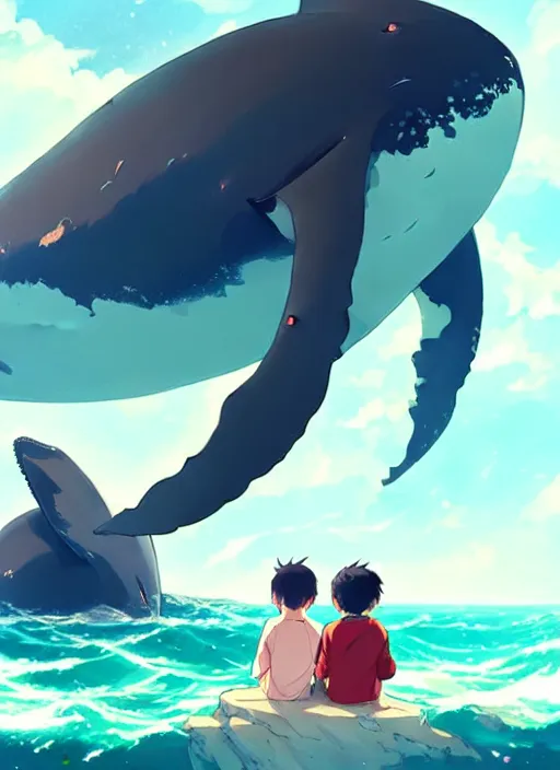 Prompt: boy and girl watching big whales on sky, illustration concept art anime key visual trending pixiv fanbox by wlop and greg rutkowski and makoto shinkai and studio ghibli